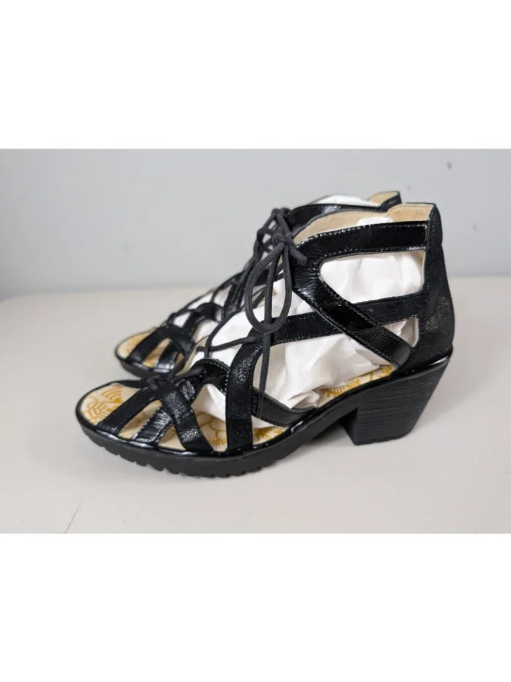Fly London Sandals Women heeled casual ankle strappy in black size 8.5